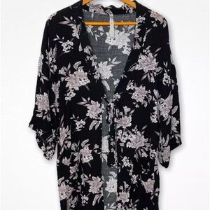 Spiritual Gangster Kimono Black Floral Tie Front Pockets One Size